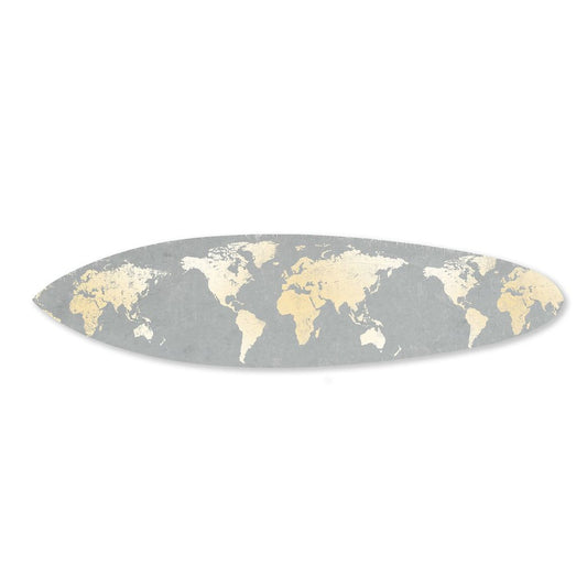 Wooden Surfboard Wall Art with World Map Print, Gray and White
