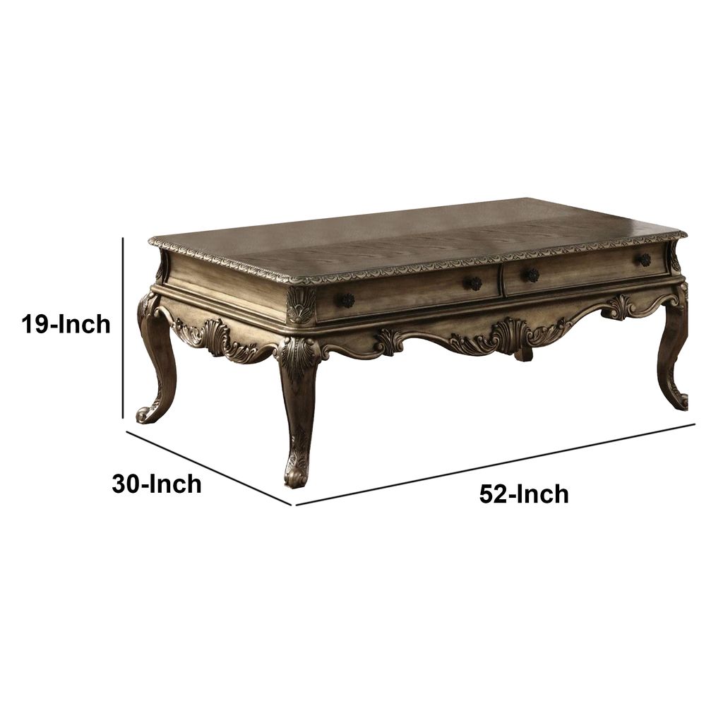 Wooden Rectangular Coffee Table with Cabriole Legs and Two Broad Drawers, Oak Brown - View 6