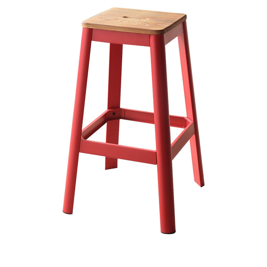 Industrial Style Metal Frame and Wooden Bar Stool, Brown and Red