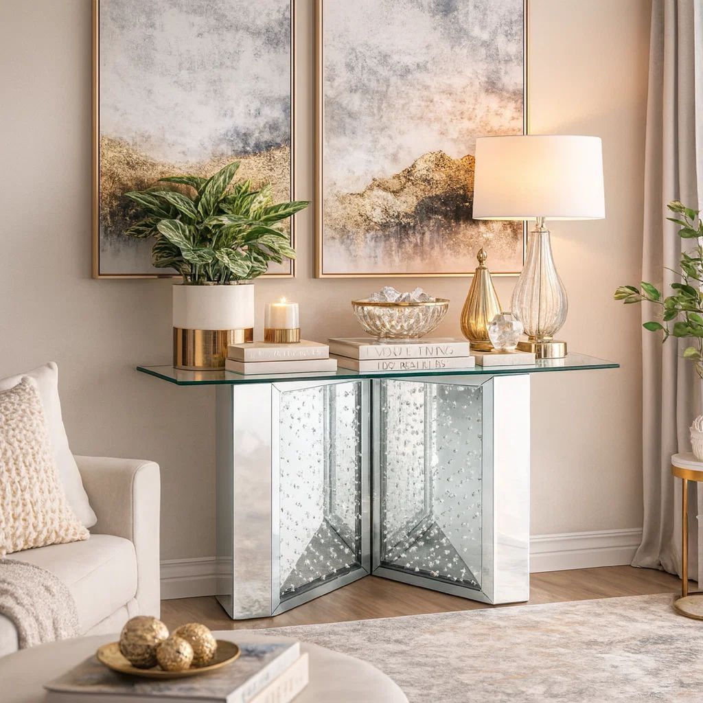 Console Table with Mirrored V Shaped Base, Silver - View 7
