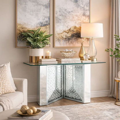 Console Table with Mirrored V Shaped Base, Silver - View 7