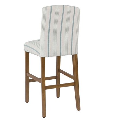 Fabric Upholstered Wooden Barstool with Striped Cushioned Seat, White and Blue - View 4