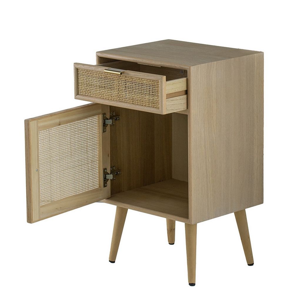 Keli 28 Inch Accent Cabinet, 1 Drawer, Pine, Woven Rattan Design, Natural - View 2