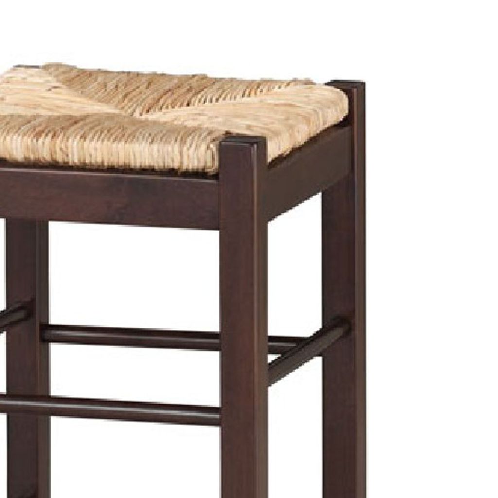 Rush Woven Wooden Frame Barstool with Saber Legs, Beige and Dark Brown - View 2