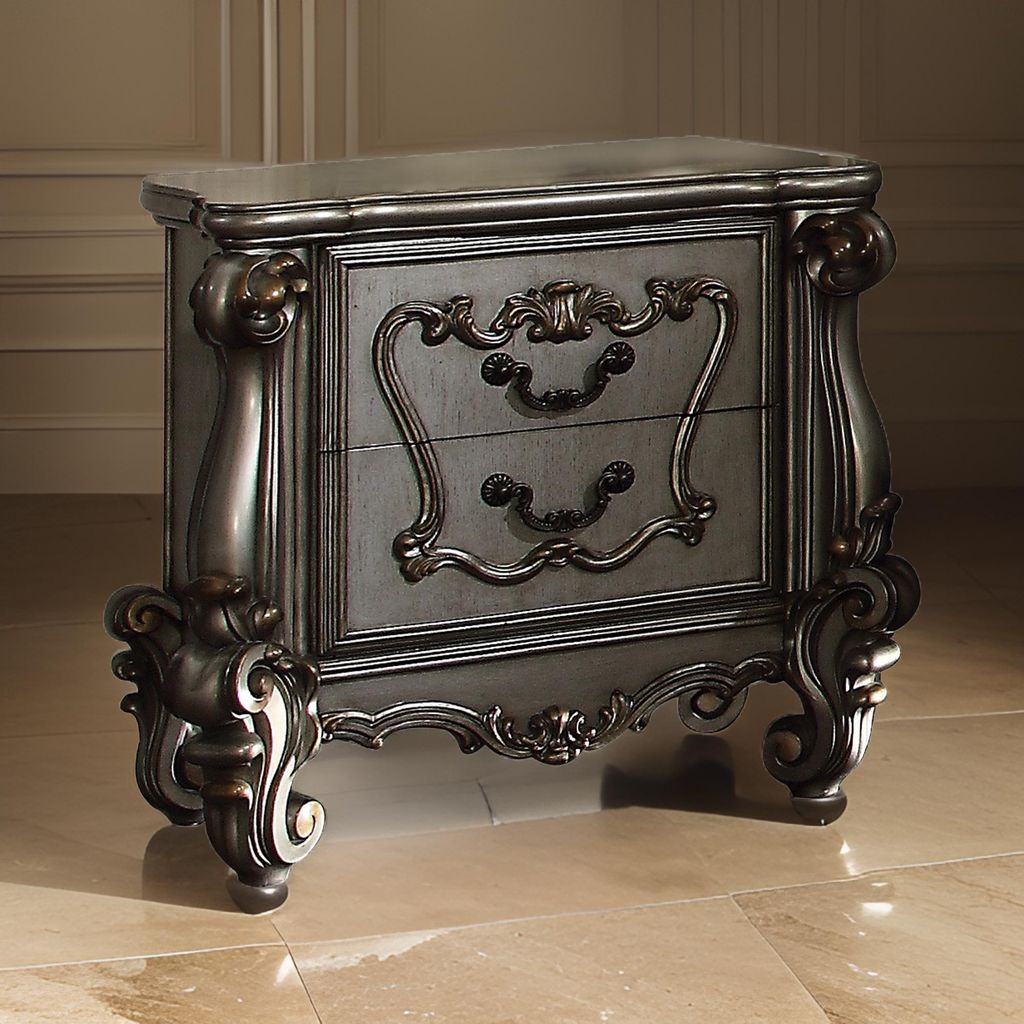 Two Drawer Nightstand With Oversized Scrolled Legs In Antique Platinum Finish - View 7