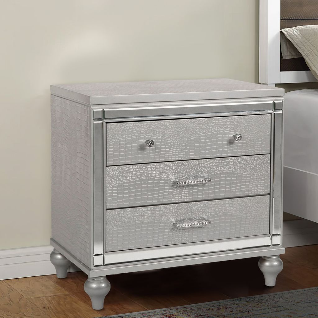 3 Drawer Wooden Nightstand with Mirror Accents and Faux Crystal Pulls, Gray - View 7
