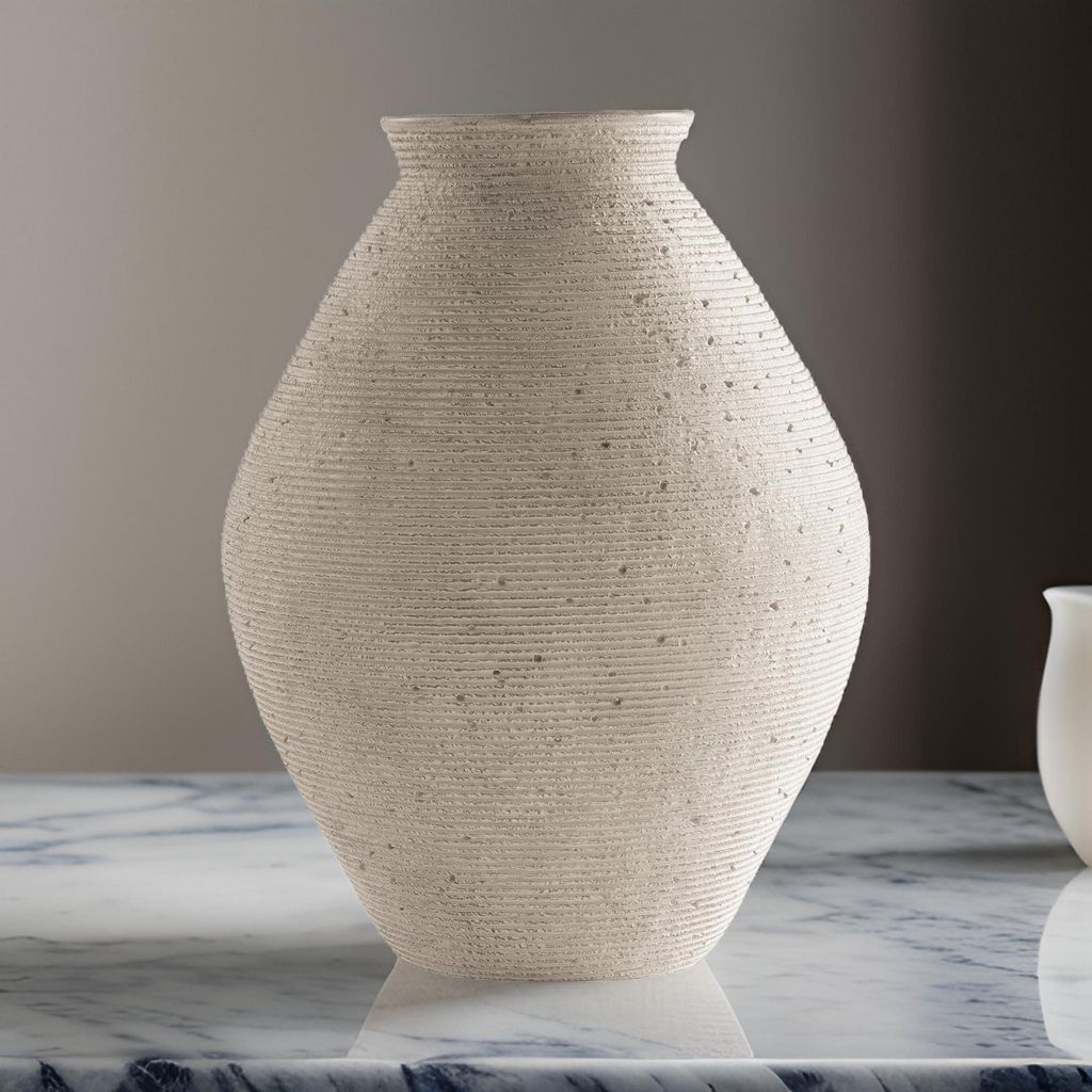 Dale 17 Inch Round Polyresin Vase, Tightly Ribbed Texture, Antique Beige - View 7