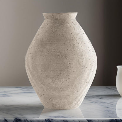 Dale 17 Inch Round Polyresin Vase, Tightly Ribbed Texture, Antique Beige - View 7