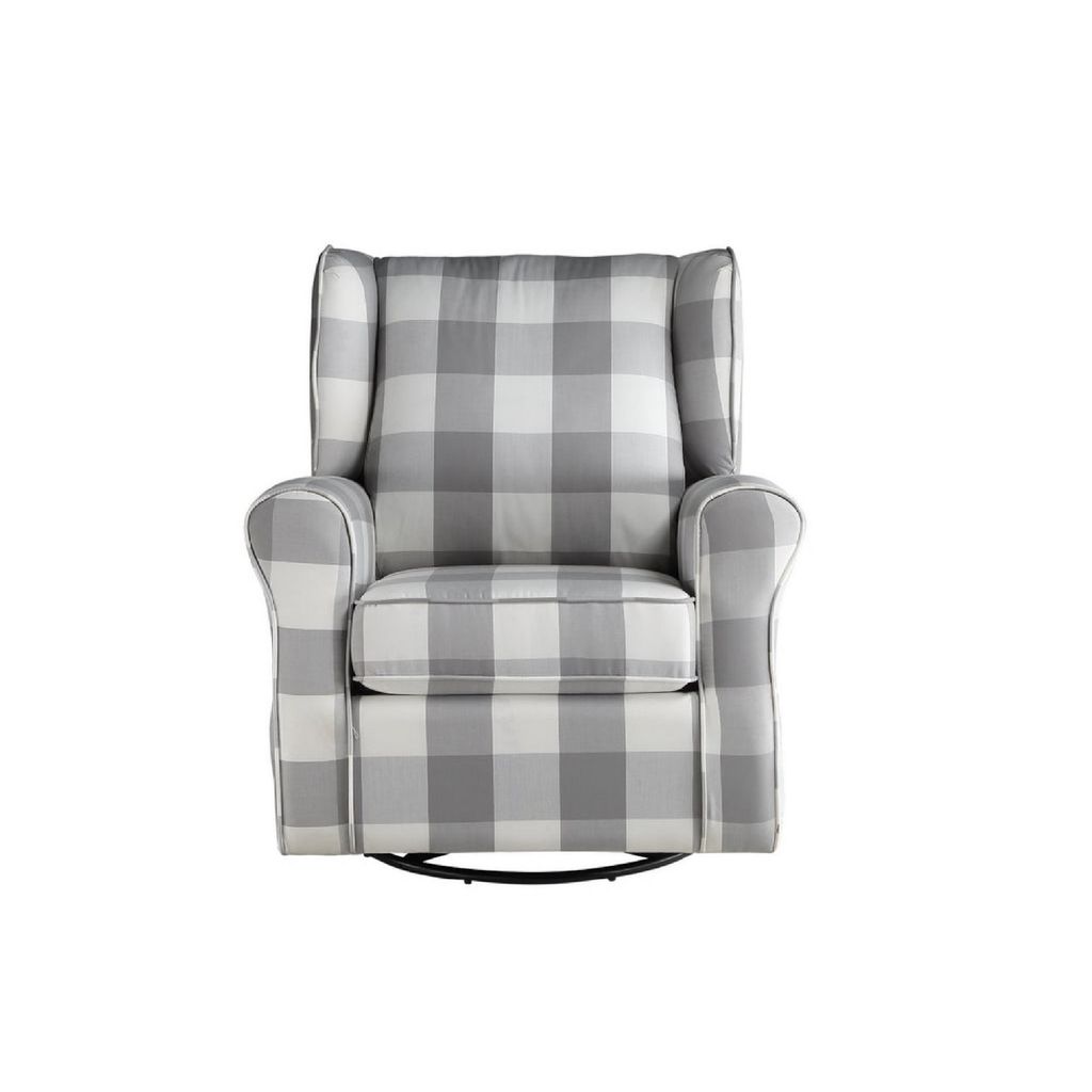 35 Inch Accent Swivel Chair, Glider, Checkered Fabric, Light Gray - View 2