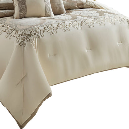 10 Piece King Polyester Comforter Set with Damask Print, Cream and Gold - View 2