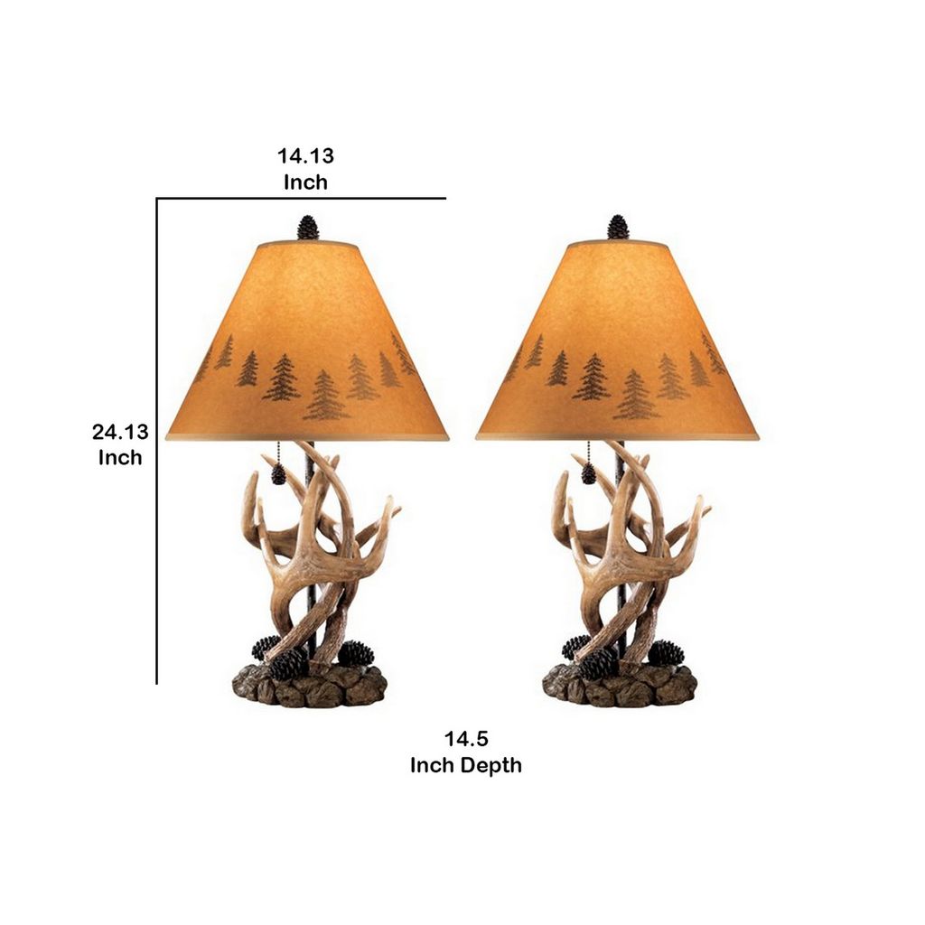 Resin Body Table Lamp with Antler and Pinecone Design, Set of 2, Brown - View 5