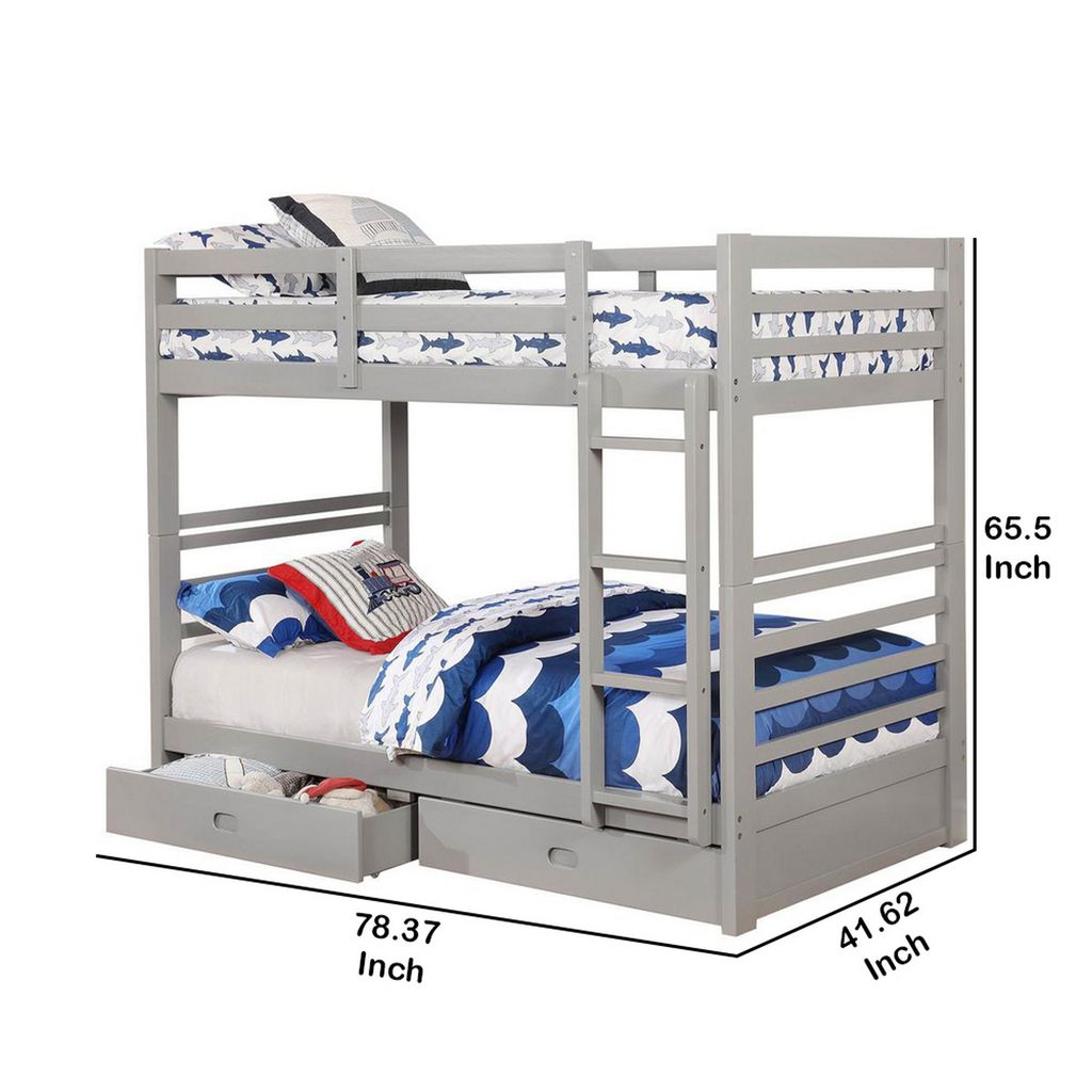 Transitional Twin Over Twin Bed with Attached Ladder and Drawers, Gray - View 6
