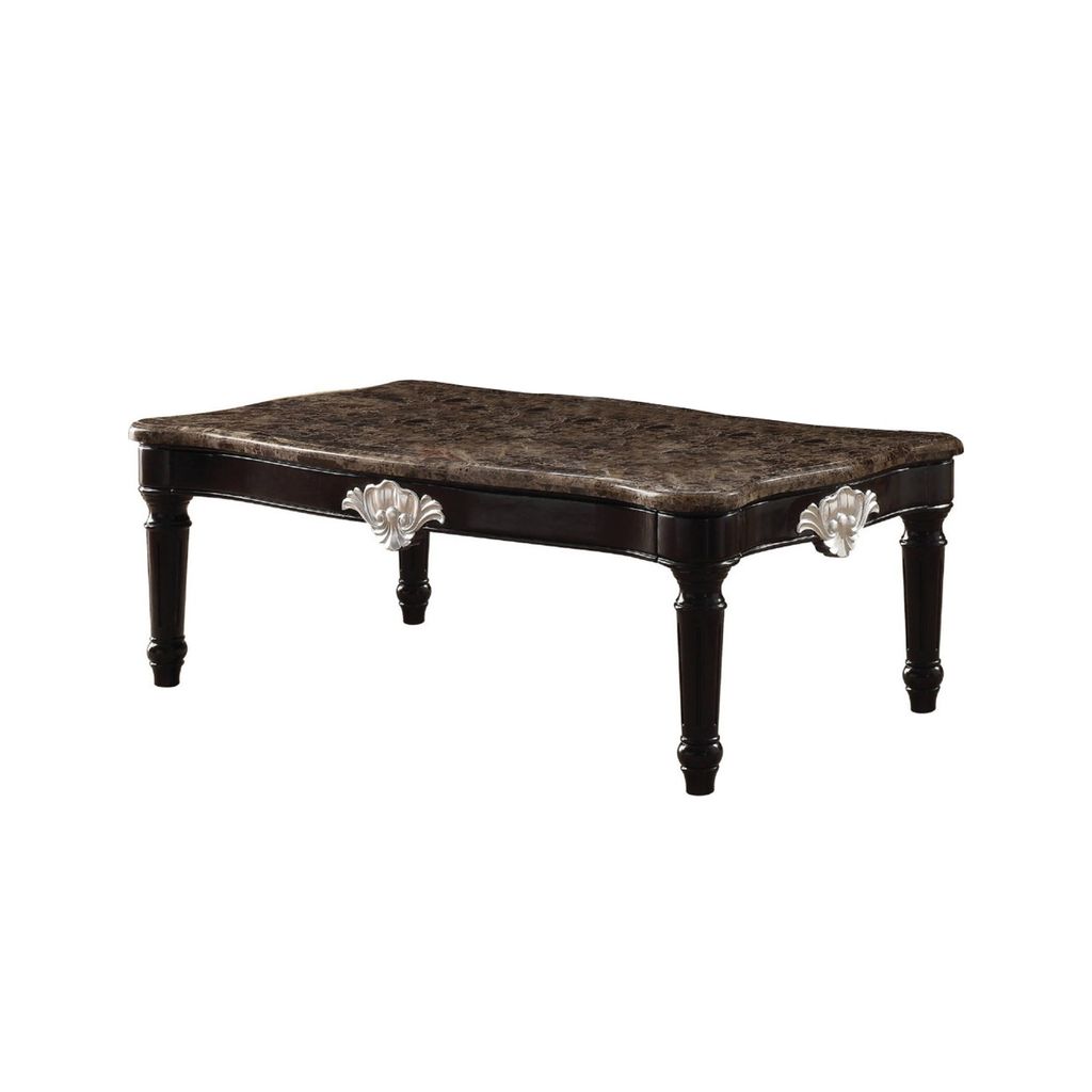 Traditional Style Rectangular Marble and Wood Coffee Table, Brown - View 4