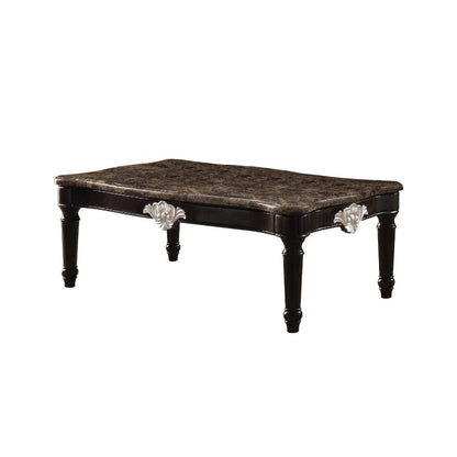 Traditional Style Rectangular Marble and Wood Coffee Table, Brown - View 4