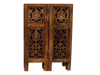 18 Inch Mango Wood Folding Accent Table, Hand Carved, Walnut Brown - View 5