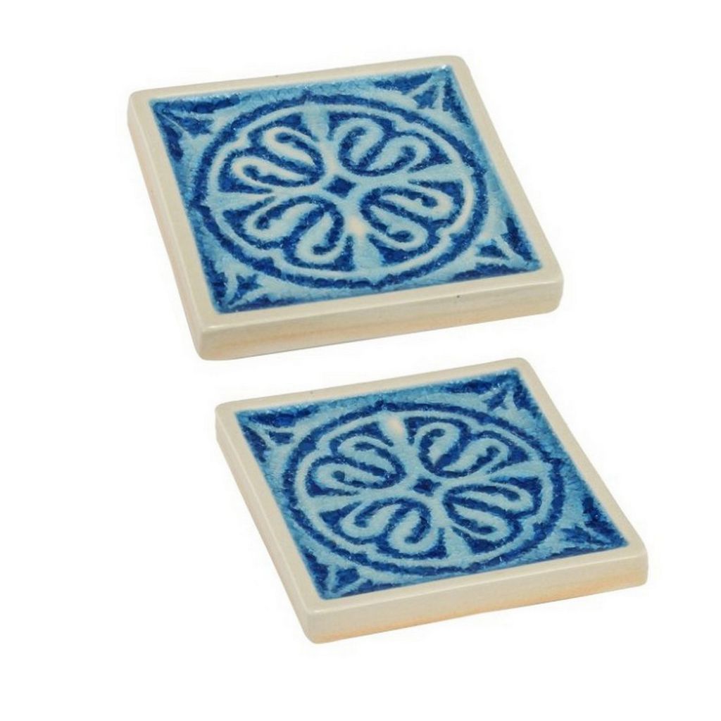 Square Shaped Ceramic Coaster with Intricate Detail, Blue and Cream, Set of Four - View 4