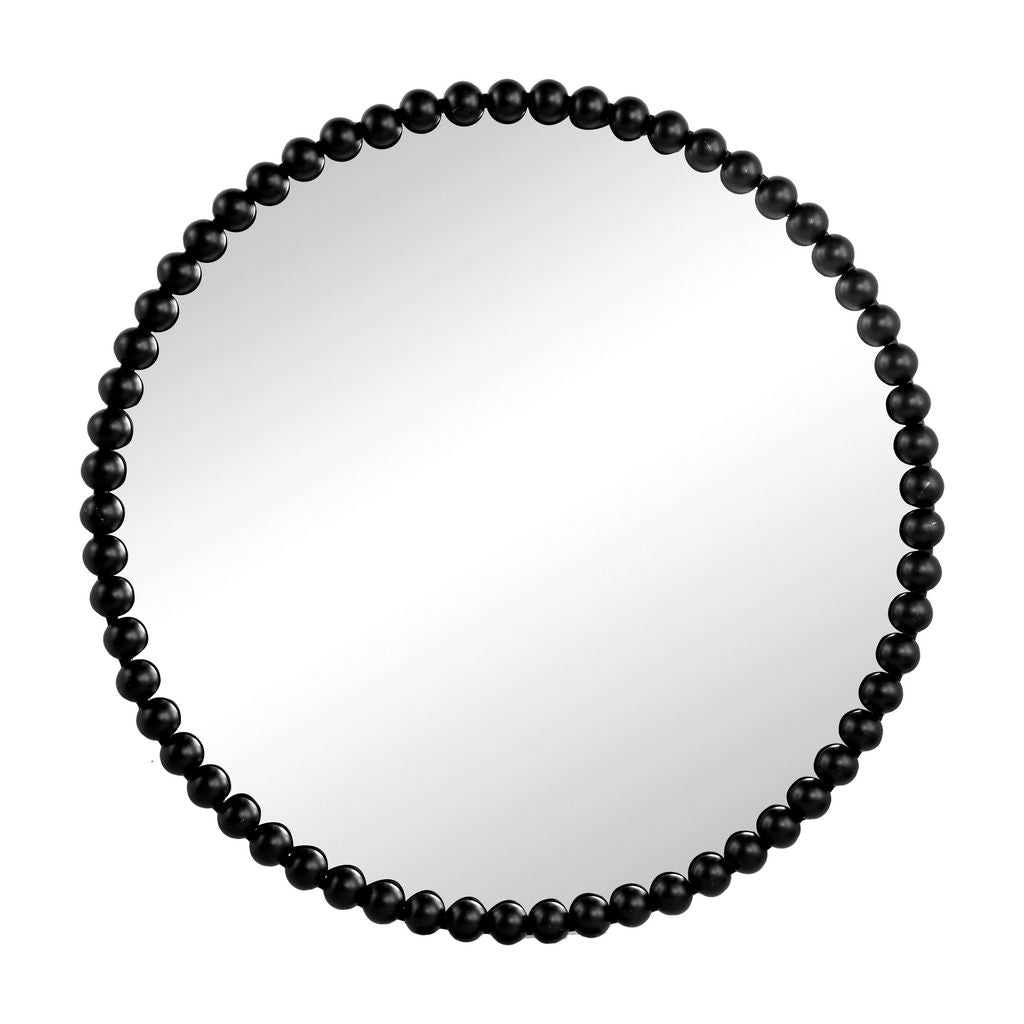 Emu 32 Inch Modern Round Wall Mirror, Beaded Black Metal Accent Frame