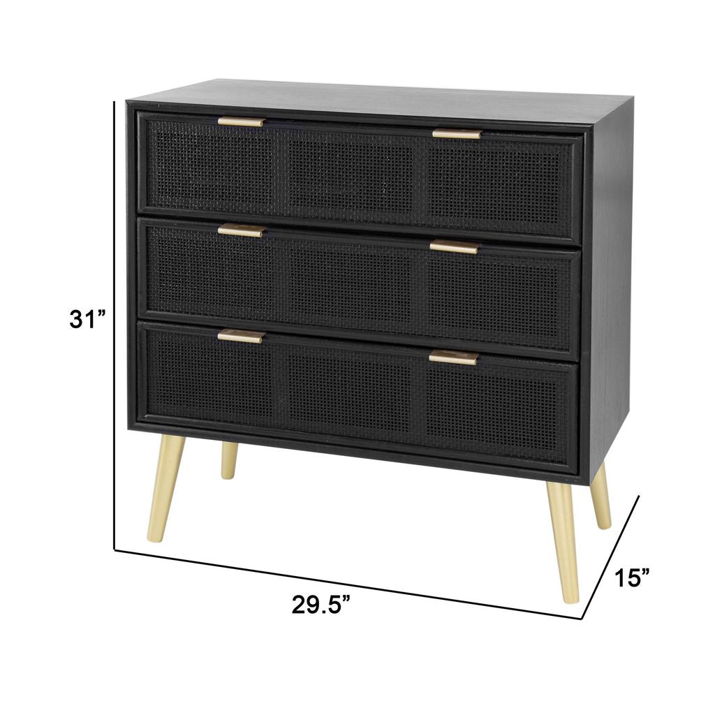 31 Inch Dresser Chest Cabinet, 3 Drawers, Woven Rattan, Modern, Black, Gold - View 5