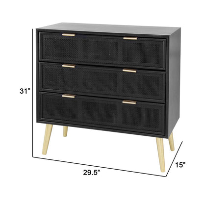 31 Inch Dresser Chest Cabinet, 3 Drawers, Woven Rattan, Modern, Black, Gold - View 5