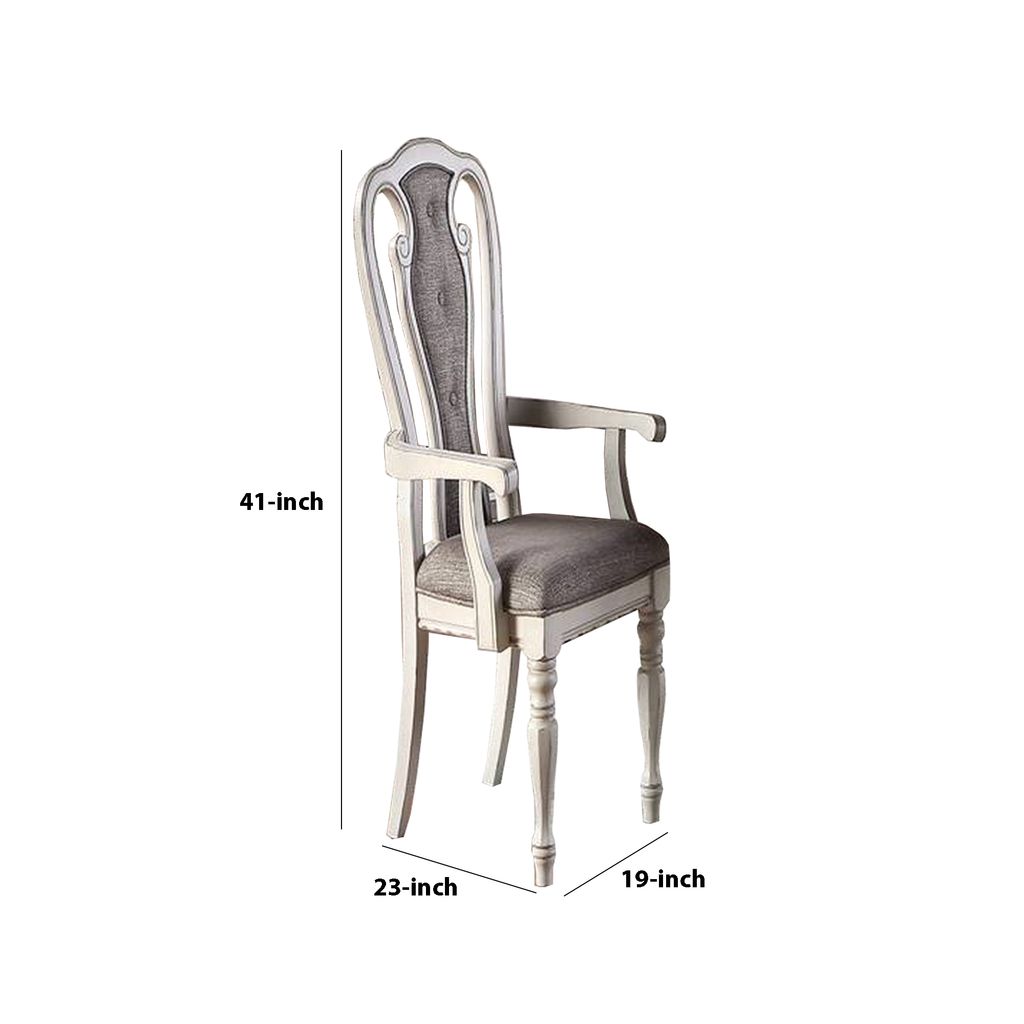 Wooden Arm Chair with Button Tufted Back, Set of 2, Cream and Gray - View 5