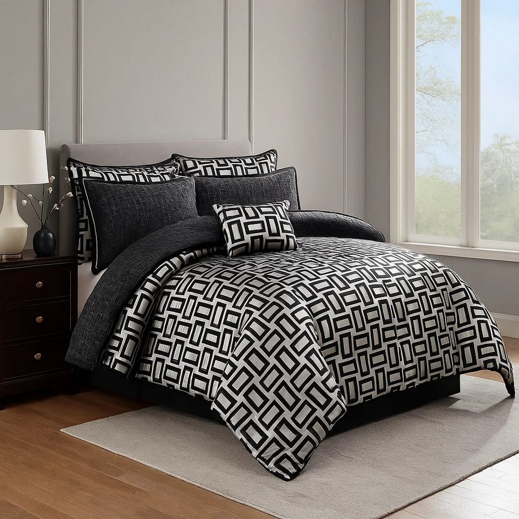 6 Piece Polyester King Comforter Set with Geometric Print, Gray and Black - View 6