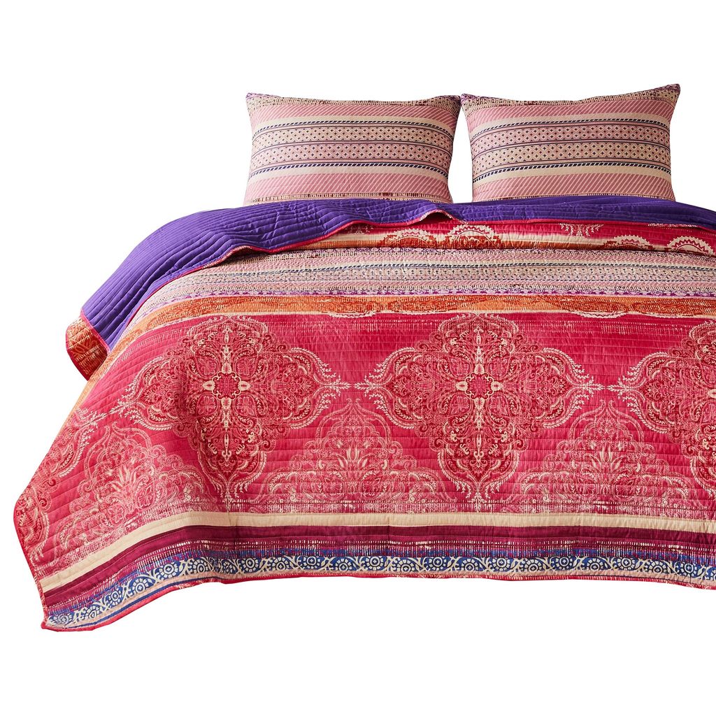 Dora 3 Piece Bohemian Quilt Set, Medallion, Paisley, Pink, Blue – King