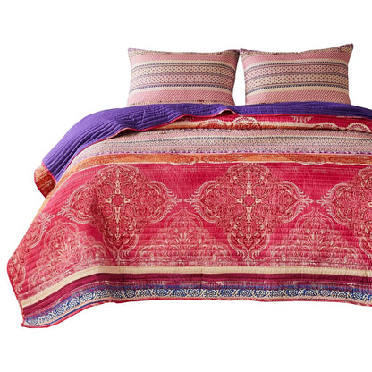 Dora 3 Piece Bohemian Quilt Set, Medallion, Paisley, Pink, Blue – King
