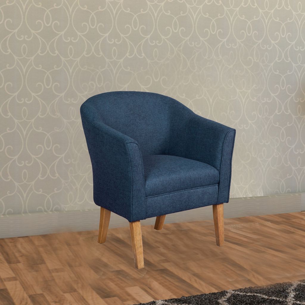 Fabric Upholstered Wooden Accent Chair with Curved Back, Blue and Brown - View 7