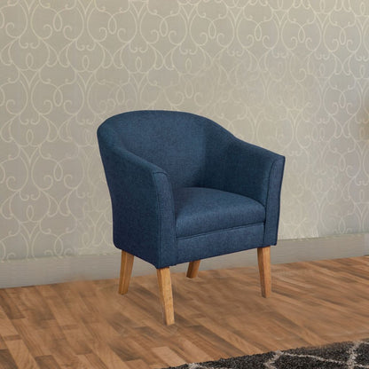 Fabric Upholstered Wooden Accent Chair with Curved Back, Blue and Brown - View 7