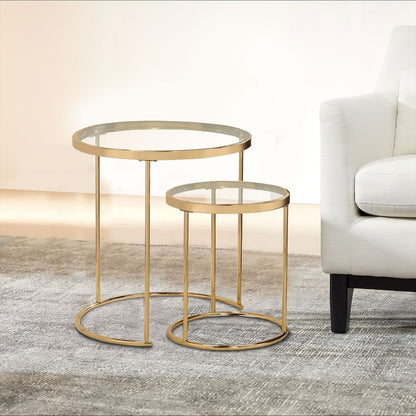 23 Inch Round Nesting Tables, Glass, Metal Base, Set of 2, Gold, Clear - View 7
