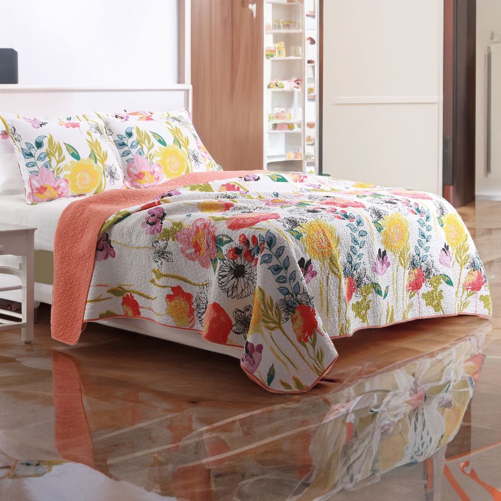 3 Piece Cotton King Size Quilt Set with Stencil Flower Print, Multicolor - View 6