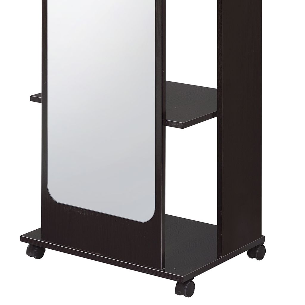 Mirror and Wood Hall Tree with Hanging Rod and Casters, Brown and Silver - View 2