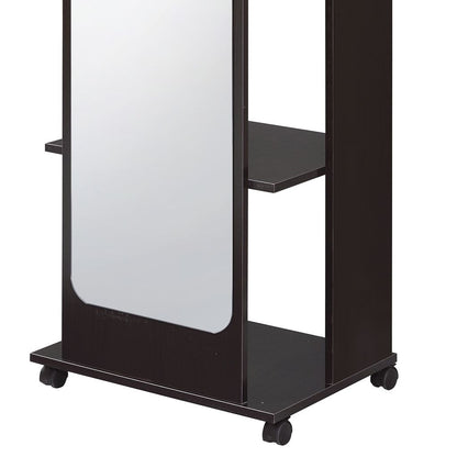 Mirror and Wood Hall Tree with Hanging Rod and Casters, Brown and Silver - View 2