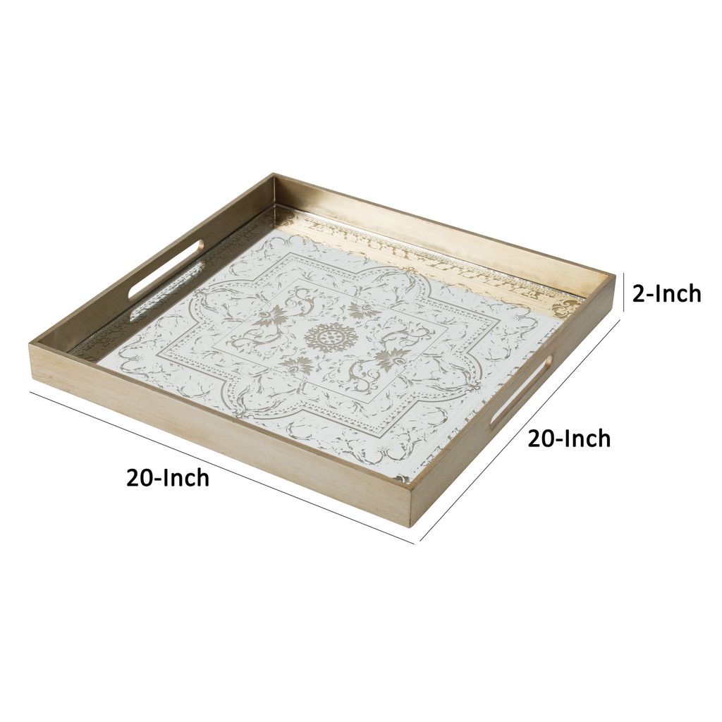 Miki 20 Inch Square Decorative Tray, Artisan Mirrored Floral Pattern, Gold - View 5