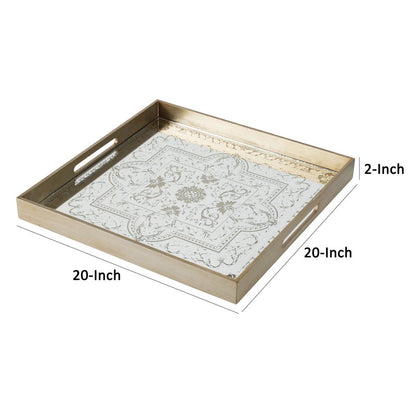 Miki 20 Inch Square Decorative Tray, Artisan Mirrored Floral Pattern, Gold - View 5