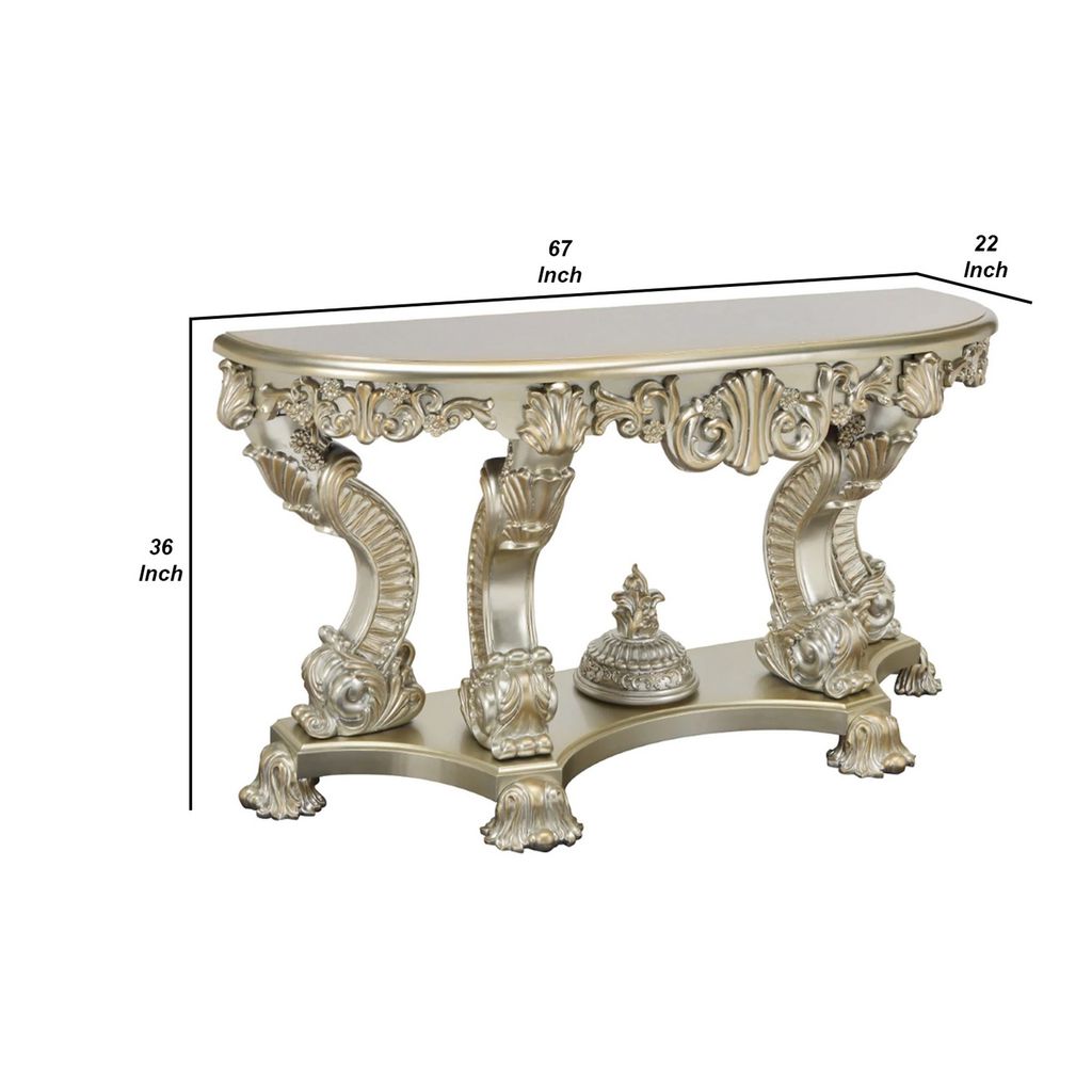 Esen 67 Inch Crescent Sofa Table Sideboard Console, Carvings, Antique Gold - View 5