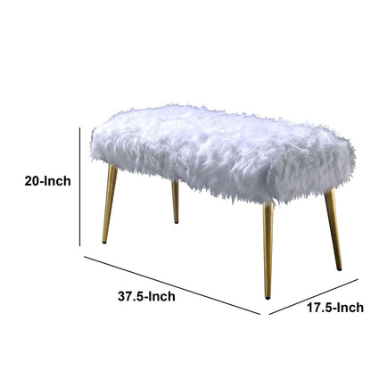 Modern Style Faux Fur Upholstered Metal Bench with Tapered Legs, White and Gold - View 6
