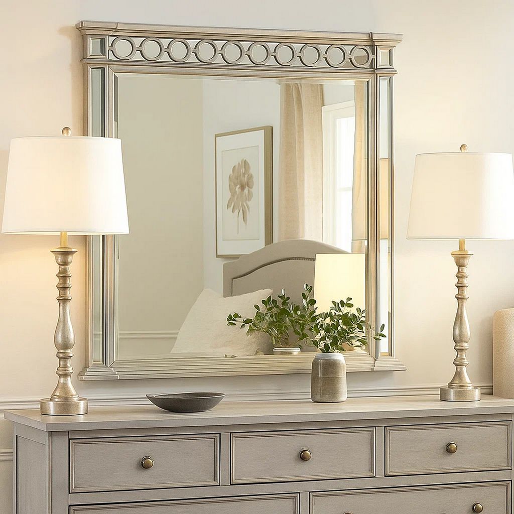 Wooden Raised Geometric Pattern Frame Mirror with Beveled Edges, Silver - View 7