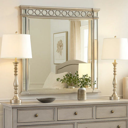 Wooden Raised Geometric Pattern Frame Mirror with Beveled Edges, Silver - View 7