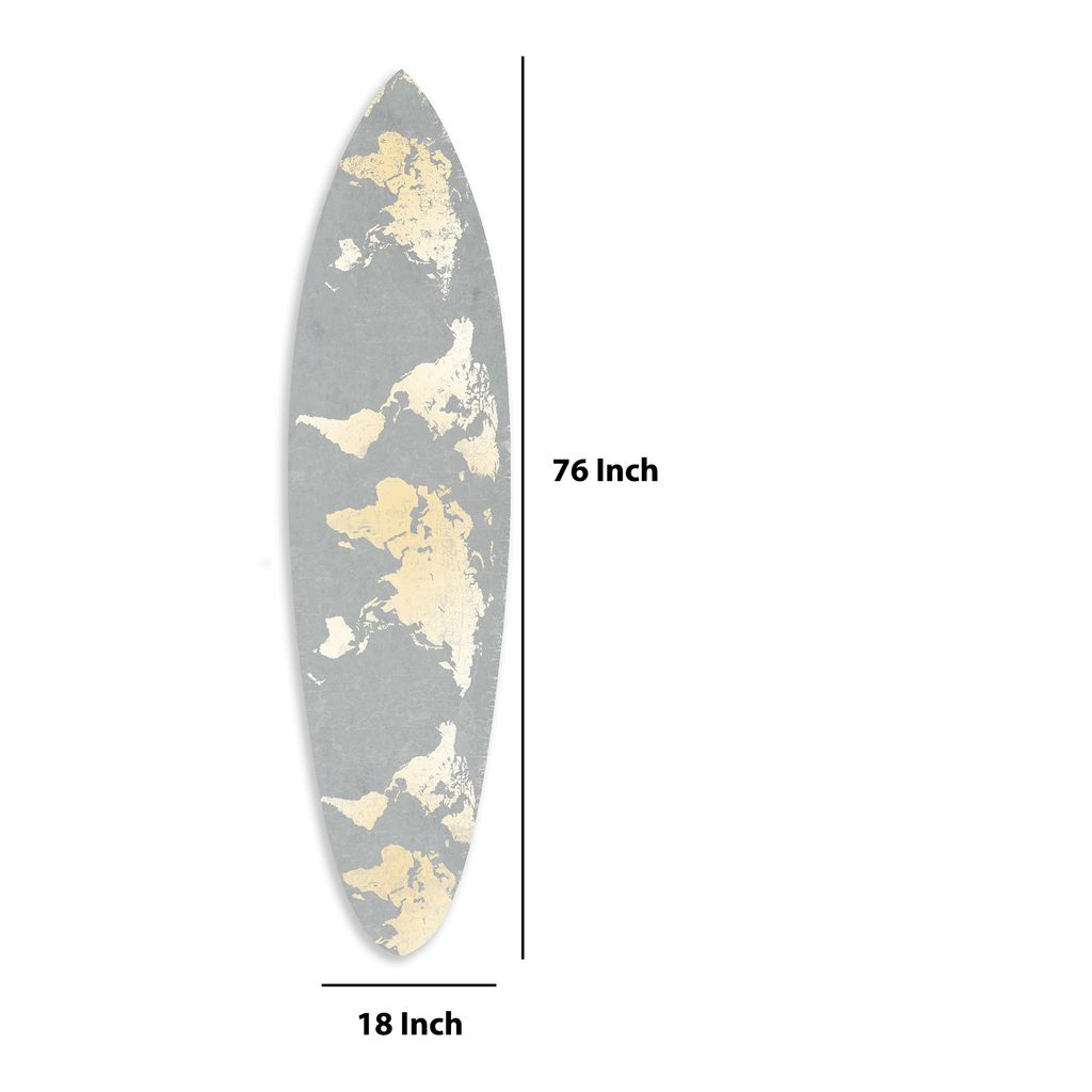 Wooden Surfboard Wall Art with World Map Print, Gray and White - View 5