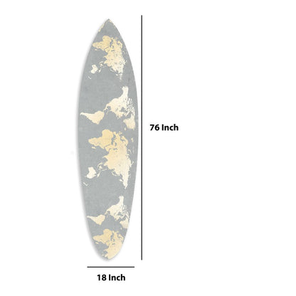 Wooden Surfboard Wall Art with World Map Print, Gray and White - View 5