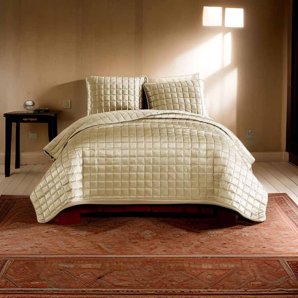 3 Piece King Size Coverlet Set with Stitched Square Pattern, Gold - View 7