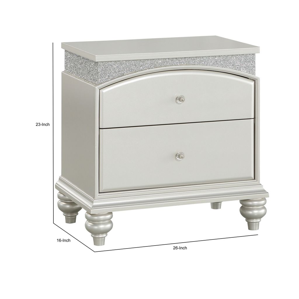 Modern Style 2 Drawer Wooden Nightstand with Rhinestone Inlays, Silver - View 6