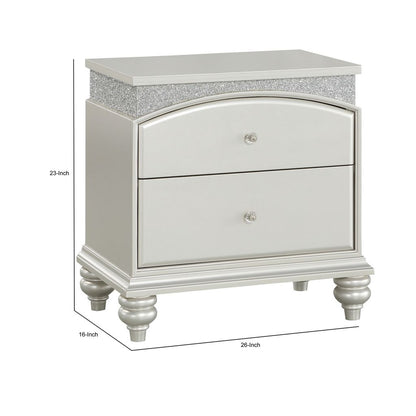 Modern Style 2 Drawer Wooden Nightstand with Rhinestone Inlays, Silver - View 6