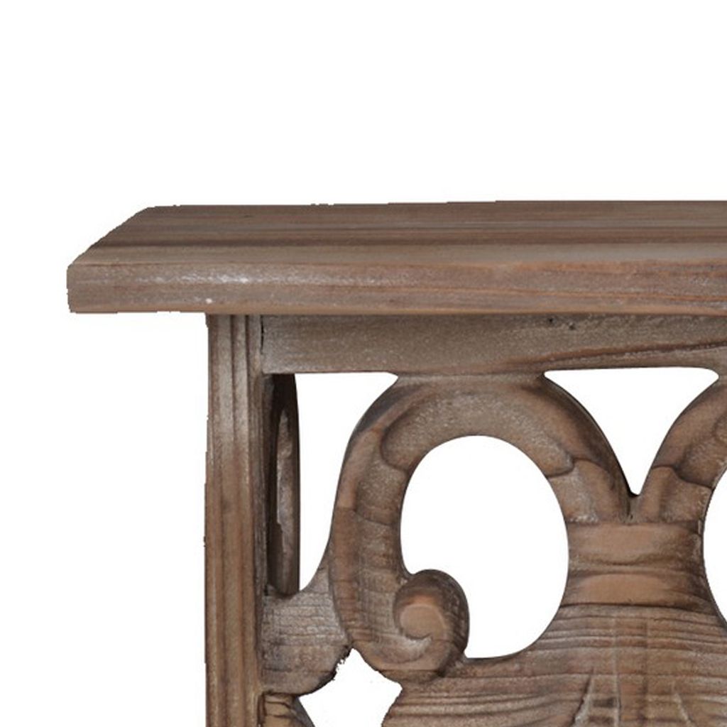 23.5 Inches Wooden Wall Shelf with Scrollwork, Small, Brown - View 2