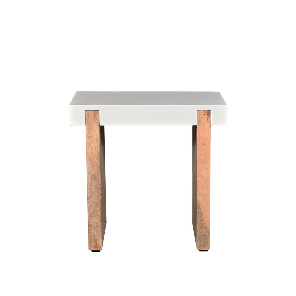 Kerry 20 Inch Rectangular End Side Table, Mango Wood, Sled Base, Glossy White, Natural Brown