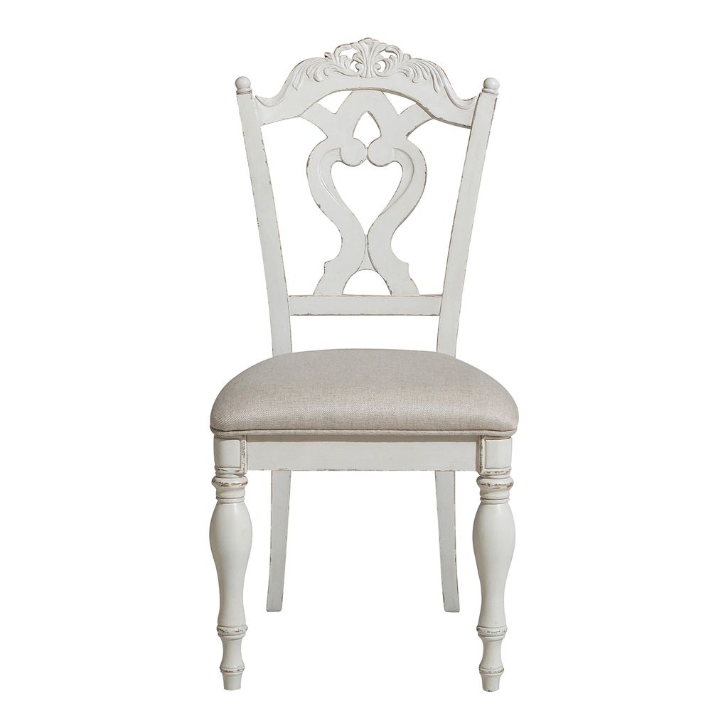 Victorian Style Writing Desk Chair with Engraved Backrest, Antique White - View 2