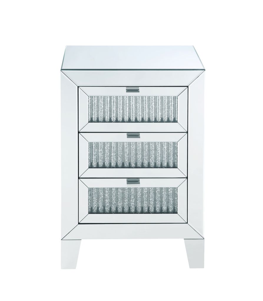 Contemporary Style Wooden Mirrored Night Table with 3 Drawers, Silver - View 2