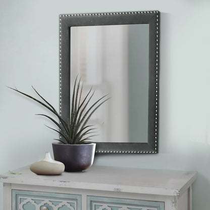 Cale 40 Inch Modern Portrait Mirror, Velvet Upholstery, Nailhead Trim, Gray - View 6