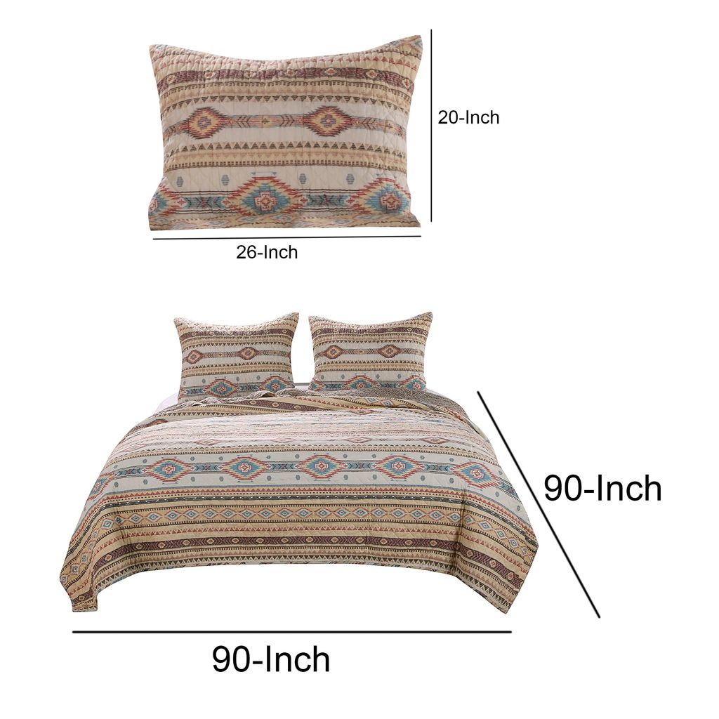 Full Size 3 Piece Polyester Quilt Set with Kilim Pattern, Multicolor - View 4